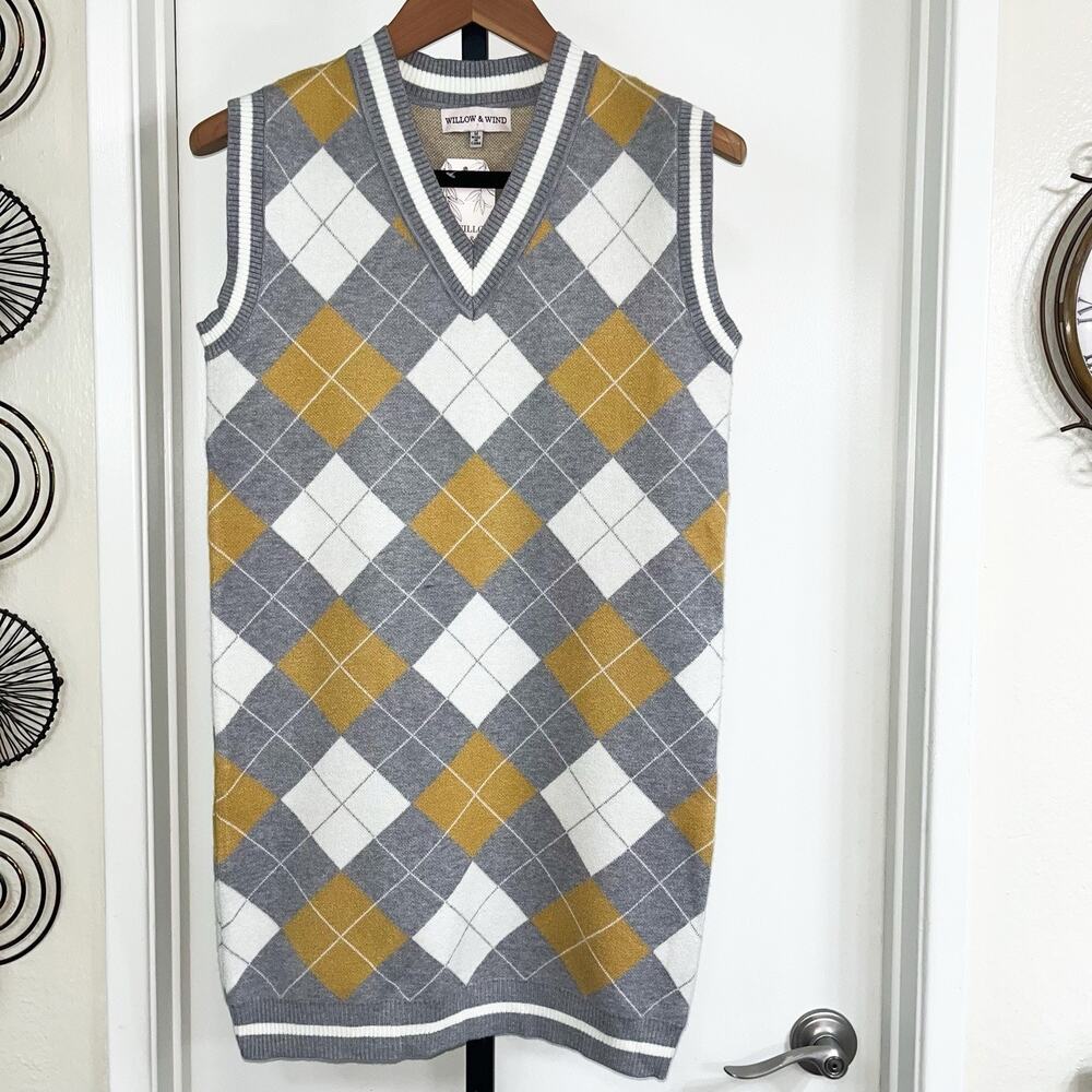 NWT Argyle Sweater Vest Dress Academia Twee Preppy Y2K - Gray Yellow, Size M
